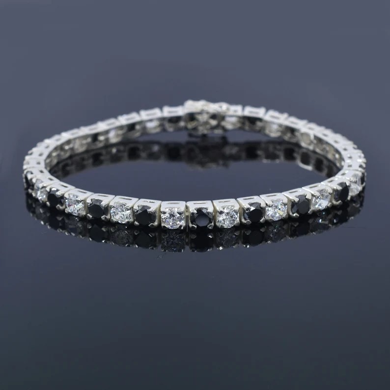 3mm Black Diamond Tennis Bracelet With White Moissanites In 925 Sterling Silver