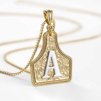 Unisex Handmade CowTag Initial Necklace Two-Toned Gold Pendant with Adjustable Chain Gift for Men Women
