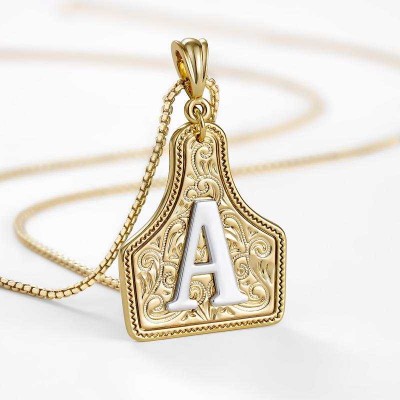 Unisex Handmade CowTag Initial Necklace Two-Toned Gold Pendant with Adjustable Chain Gift for Men Women