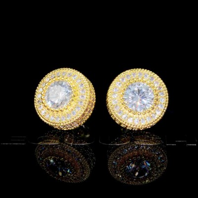 925 Sterling Gold-Plated Iced Round Shape 12mm Hip Hop Earrings