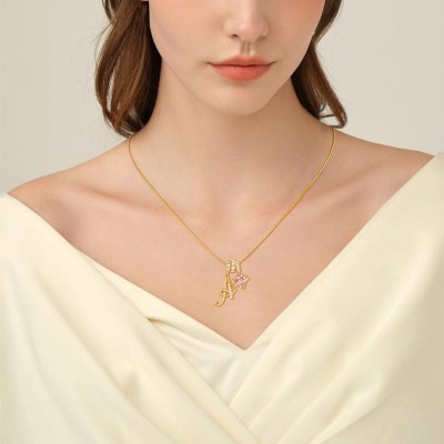 Unique 925 Sterling Silver Art Design Yellow Gold  Initial Letter Charm Necklace with Personalized Heart Birthstone Gift for Her