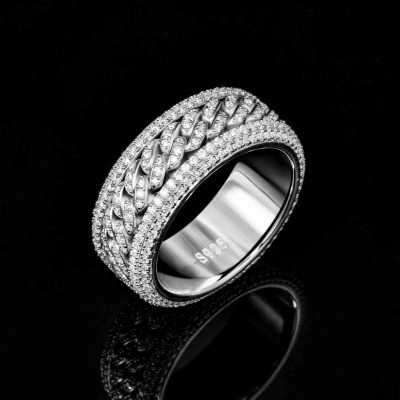 Micro Paved Moissanite Rotatable Cuban Link S925 Silver Ring