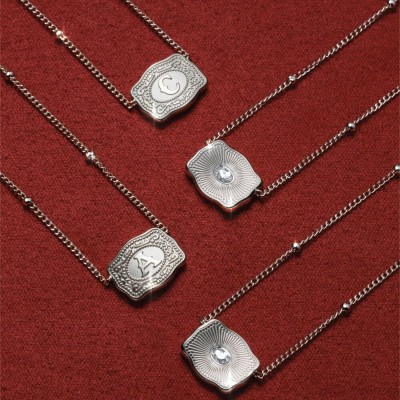 Unisex Ultra Mini Initial S925 Silver Belt Buckle Necklace with Beaded Chain